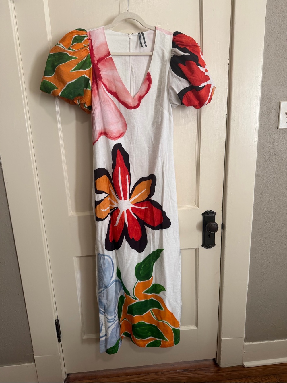 Anthropologie White Maxi Dress with Bold Red, Orange & Green Floral Print